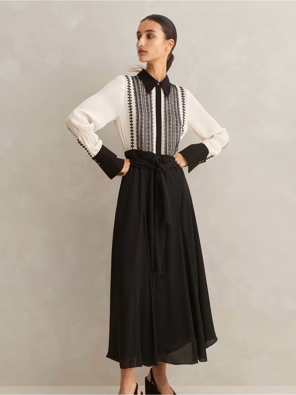 ME+EM Black and cream Long Sleeve Midi Dress